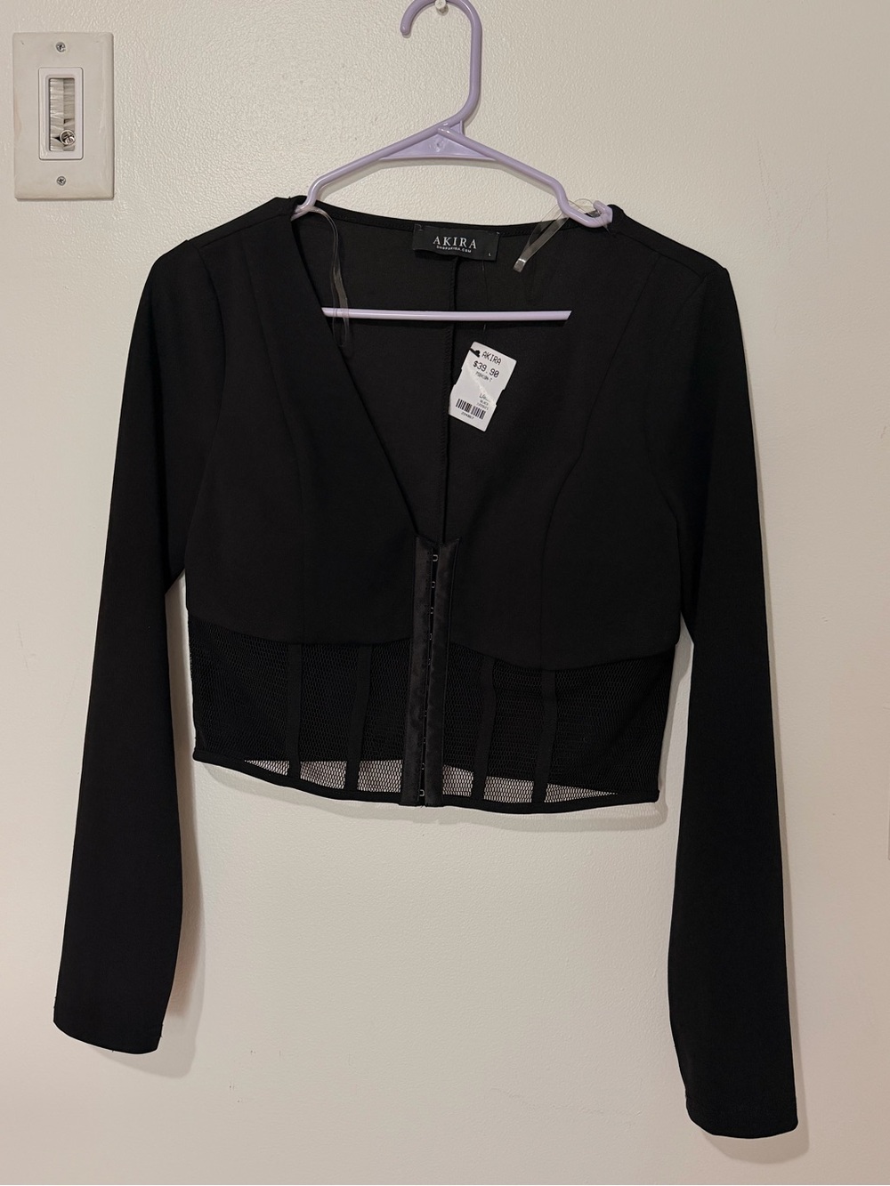 AKIRA Black Long-Sleeve Mesh Crop Top with Front Hooks